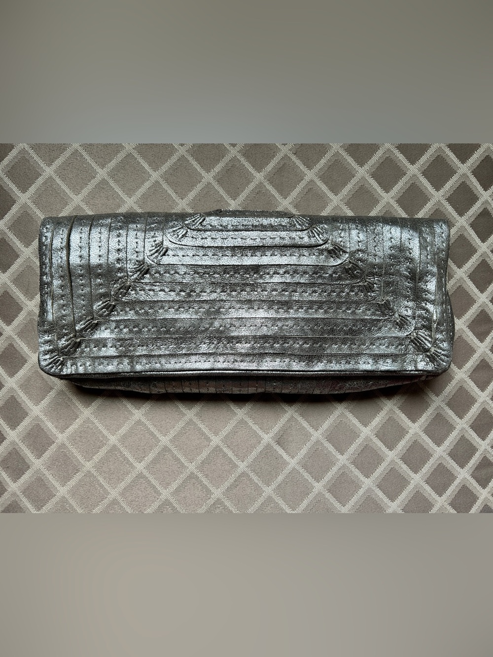 Elie Tahari Metallic Silver Leather Fold-Over Clutch